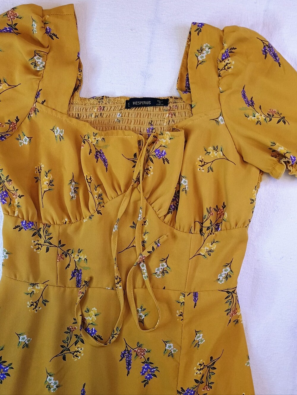 Hesperius Small Mustard Floral Square-Neck Dress Empire Waist Tie Closure Detail